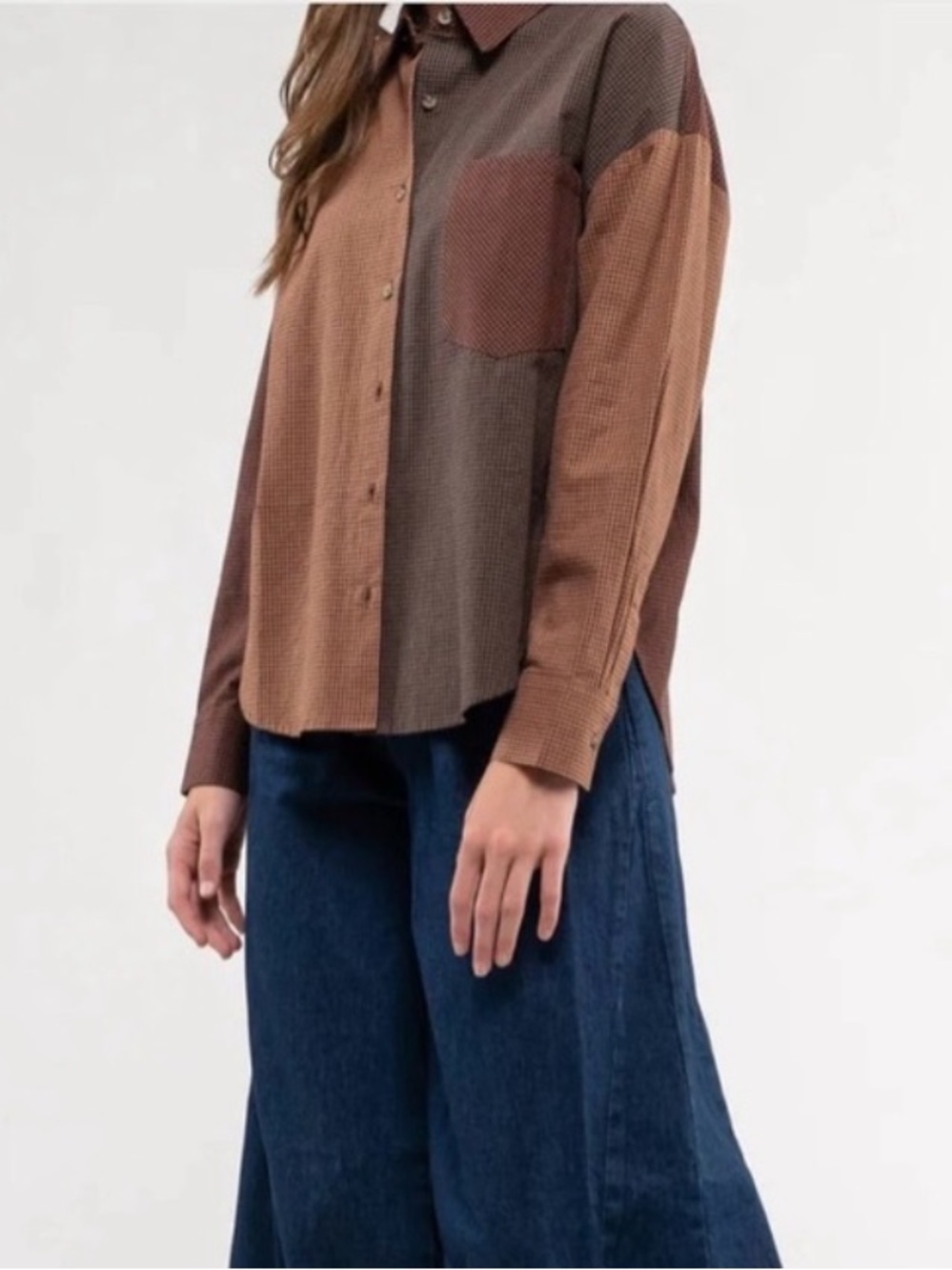 Blu Pepper Brown and Tan Plaid Color Block Button Down oversized small NWT - Picture 2 of 13